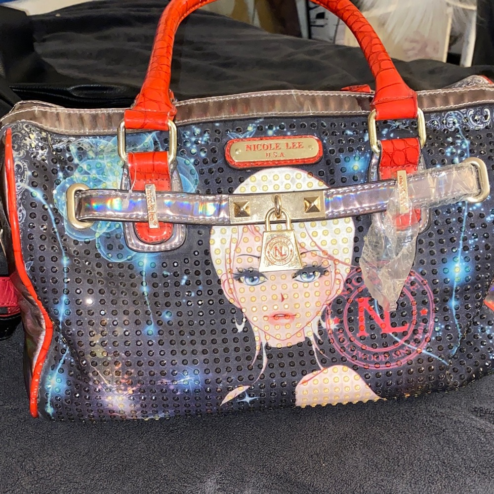 Nicole Lee Black and Red Satchel with Graphic Design